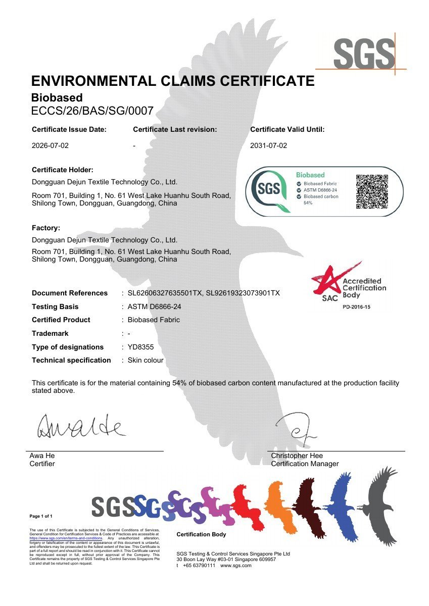 First-page preview of the SGS biobased fabric certificate for YD8355