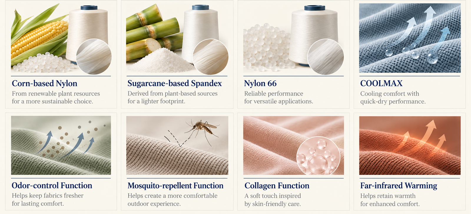 Eight functional material and fabric option cards
