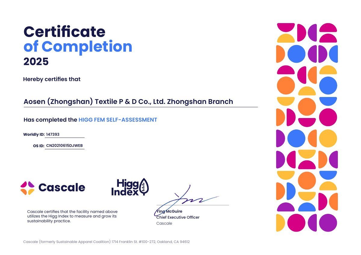 First-page preview of the Higg FEM self-assessment certificate of completion