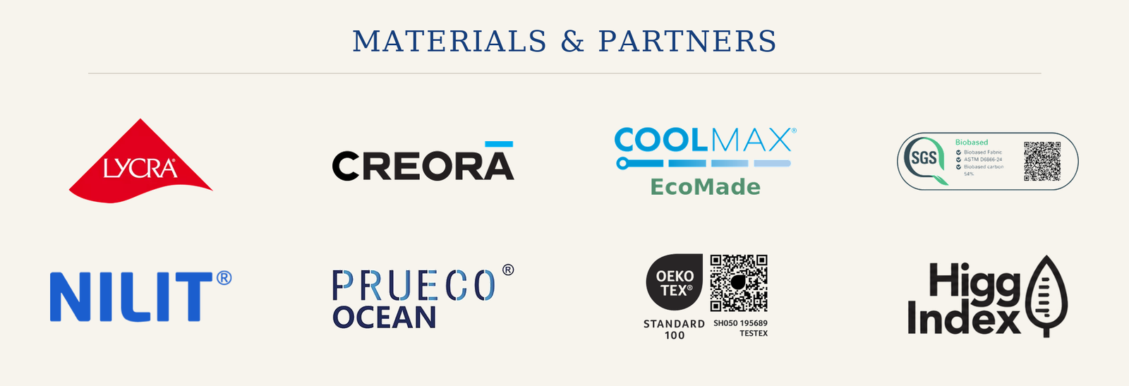 Materials & Partners: eight material, brand and certification marks
